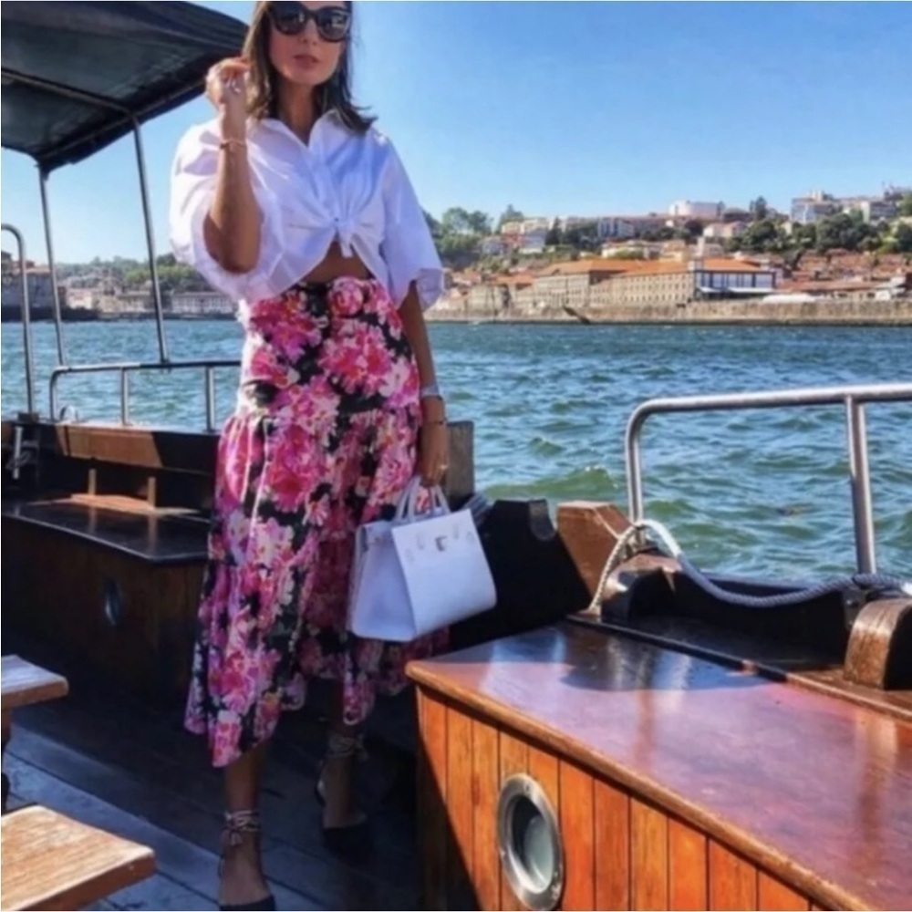Zara Bloggers Fav Tiered Pleated Vibrant Floral Maxi Skirt Size XS Belted Spring - Picture 13 of 16